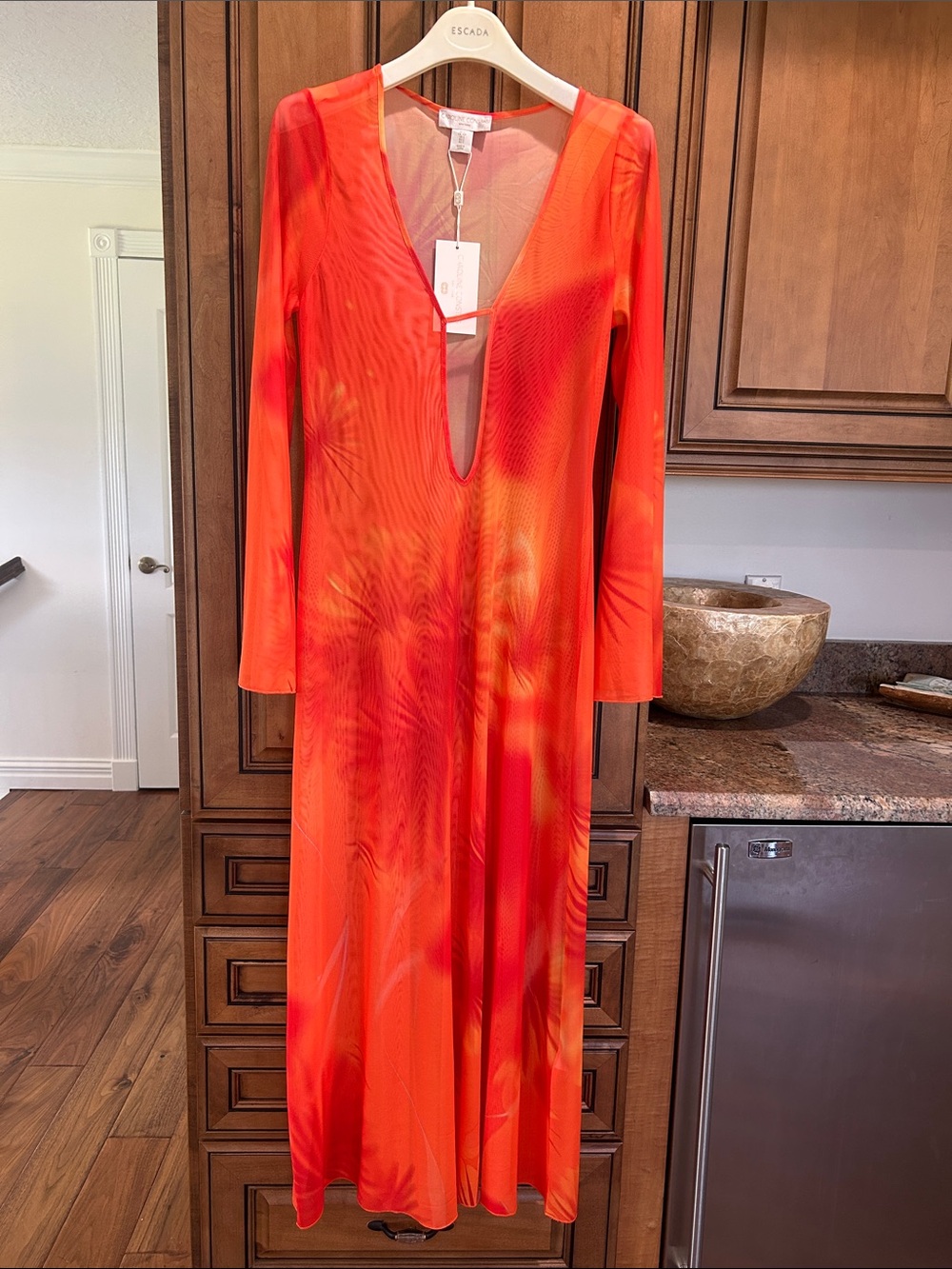 Caroline Constas Orange and Red Plunge-Neck Swim Coverup
